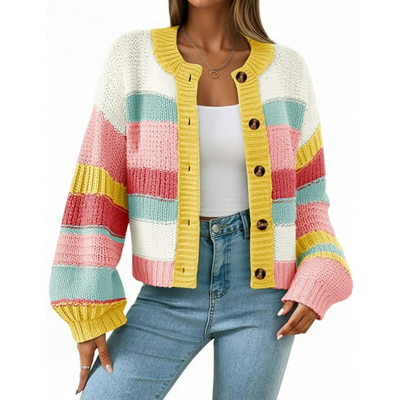 PUWEI Women's Striped Cardigan Sweaters Long Sleeve Trendy Chunky Knit Color Block Sweater Coat