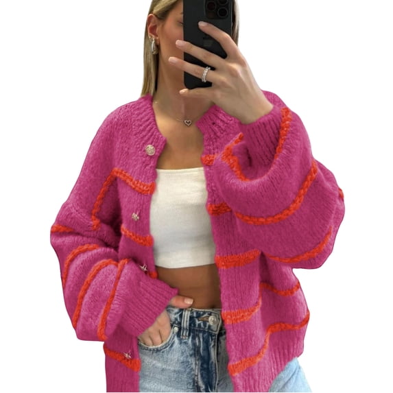 PUWEI Women's Striped Knit Cardigan Sweater Long Sleeve Button Down Crew Neck Outwear