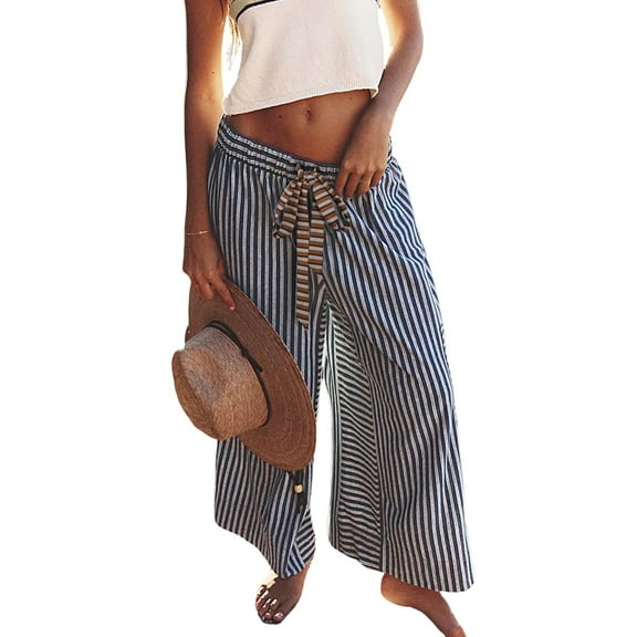 PUWEI Women's Striped Wide Leg Pants Loose Fit Drawstring Waist Casual Palazzo with Pockets