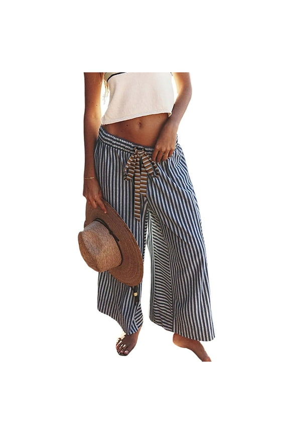 Women's Striped Wide Leg Pants Loose Fit Drawstring Waist Casual Palazzo with Pockets