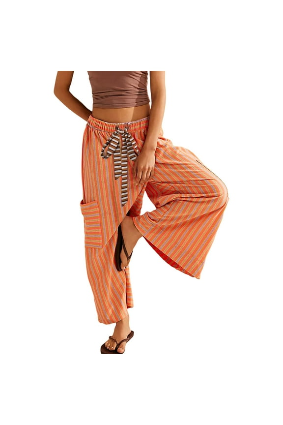 Women's Striped Wide Leg Pants Loose Fit Drawstring Waist Casual Palazzo with Pockets