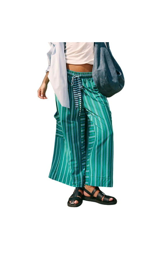 Women's Striped Wide Leg Pants Loose Fit Drawstring Waist Casual Palazzo with Pockets