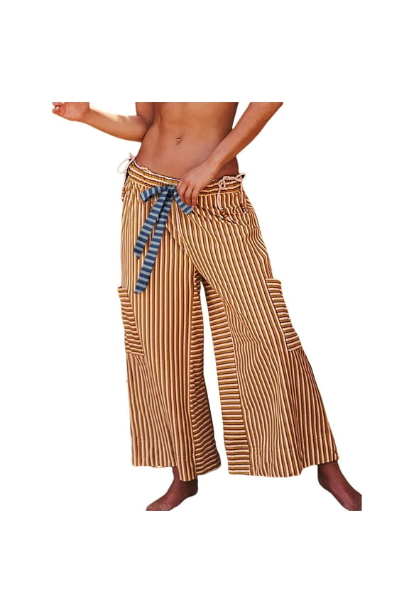 Women's Striped Wide Leg Pants Loose Fit Drawstring Waist Casual Palazzo with Pockets
