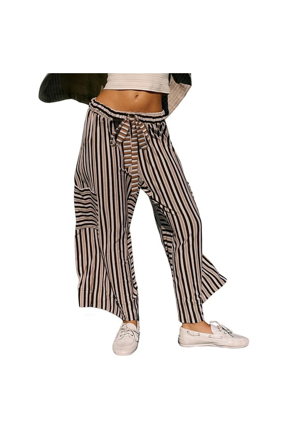 Women's Striped Wide Leg Pants Loose Fit Drawstring Waist Casual Palazzo with Pockets