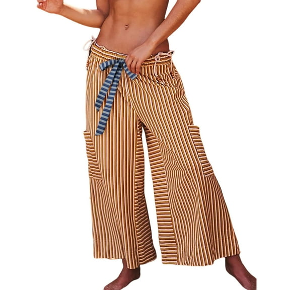 PUWEI Women's Striped Wide Leg Pants Loose Fit Drawstring Waist Casual Palazzo with Pockets