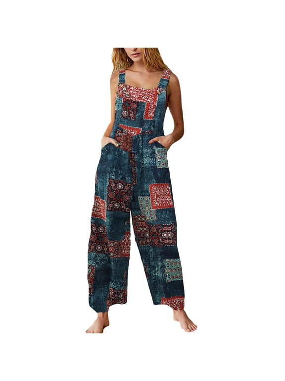 Women's Summer Casual Boho Romper Floral Print Overalls Loose Wide Leg Jumpsuits with Pockets