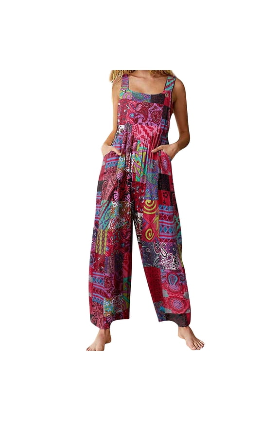 Women's Summer Casual Boho Romper Floral Print Overalls Loose Wide Leg Jumpsuits with Pockets