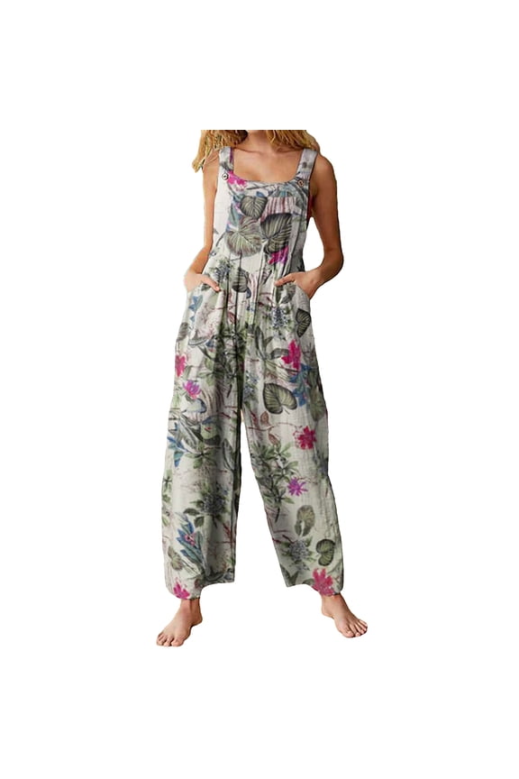 Women's Summer Casual Boho Romper Floral Print Overalls Loose Wide Leg Jumpsuits with Pockets