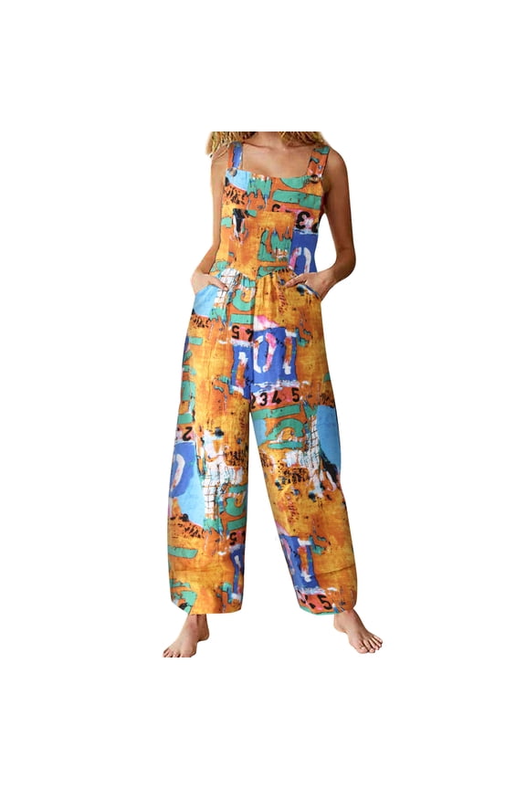 Women's Summer Casual Boho Romper Floral Print Overalls Loose Wide Leg Jumpsuits with Pockets