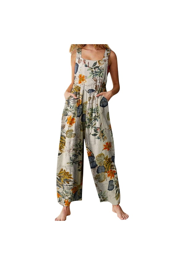 Women's Summer Casual Boho Romper Floral Print Overalls Loose Wide Leg Jumpsuits with Pockets