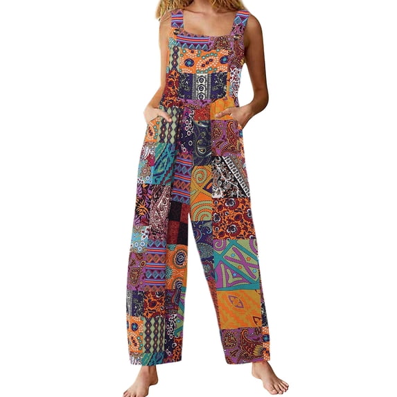 PUWEI Women's Summer Casual Boho Romper Floral Print Overalls Loose Wide Leg Jumpsuits with Pockets