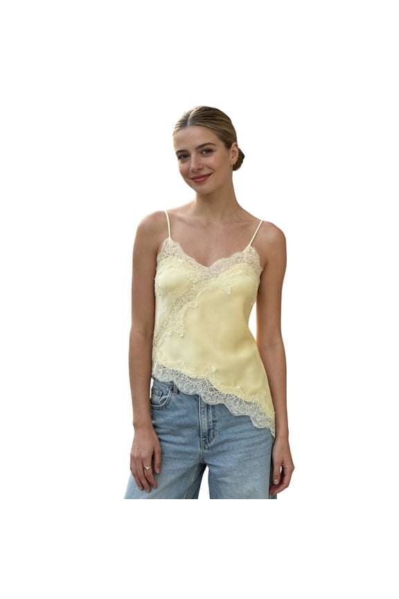 Women's Summer Lace Trim Satin Camisole Spaghetti Strap V Neck Asymmetrical Hem Tank Tops
