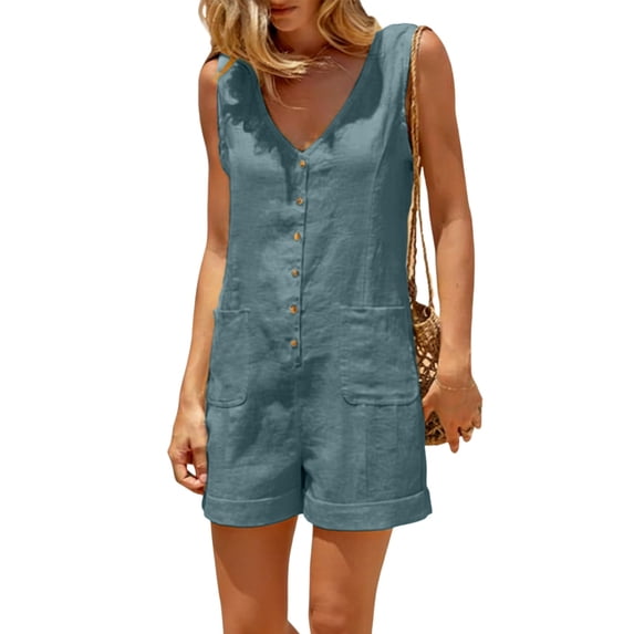 PUWEI Women's Summer Overall Button Down Jumpsuits Cotton Linen Sleeveless Wide Leg Short Romper One Piece with Pockets