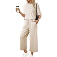 thumbnail image 1 of PUWEI Women's Summer Two Piece Outfits Casual Short Sleeve Pullover and Cropped Wide Leg Pants Lounge Sets, 1 of 7