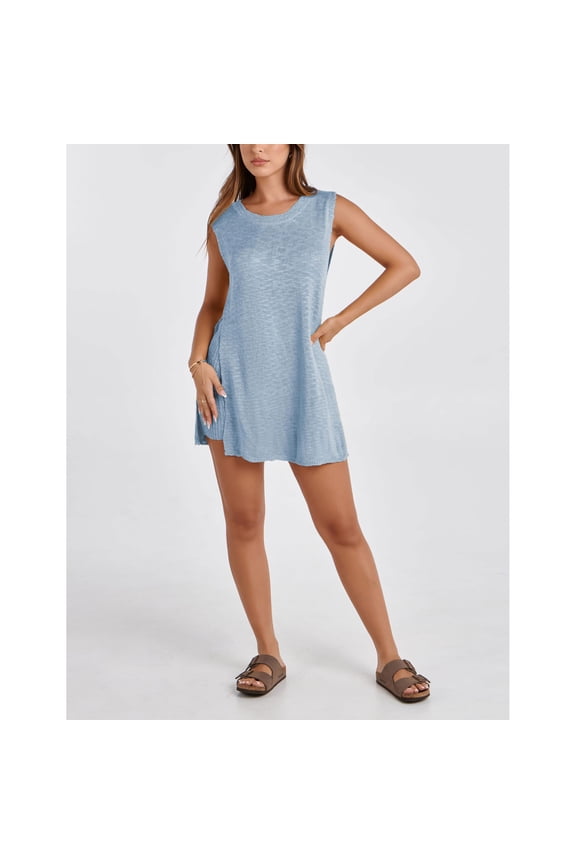 Women's Summer Two Piece Outfits Sleeveless Knit Sweater Tunic Top and Shorts Beach Vacation Lounge Sets