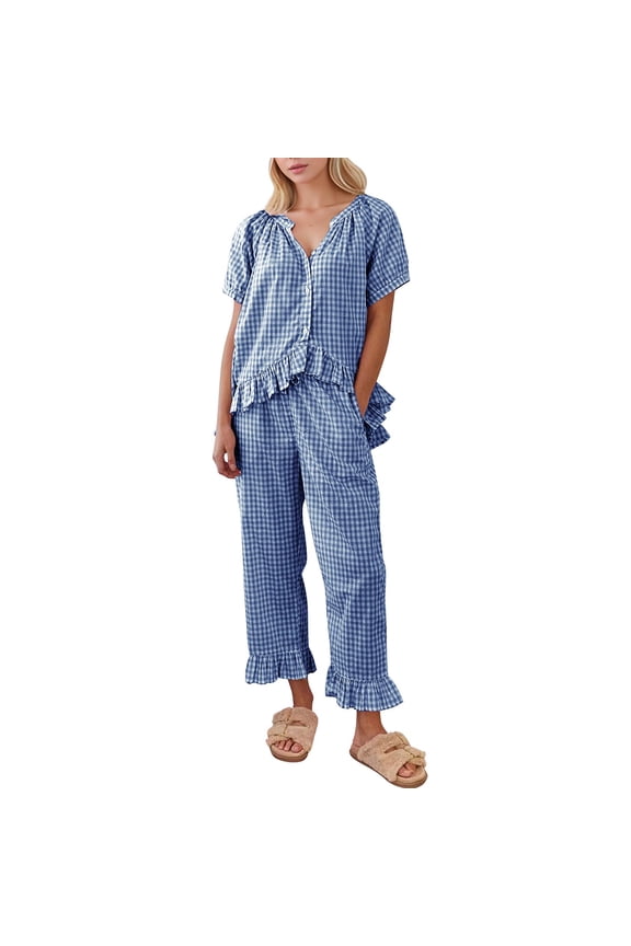 Women's Two Piece Sets Gingham Pajama Sets Ruffle Hem Short Sleeve Shirt and Long Pants Lounge Set Outfits