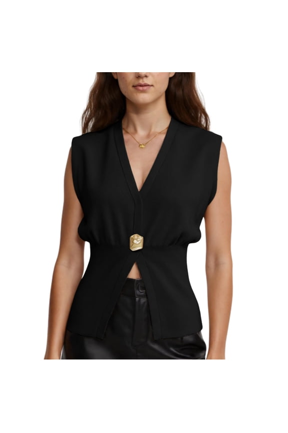 Women's V Neck Vest Top Single Button Sleeveless Summer Knit Vest Pullover Tank Top