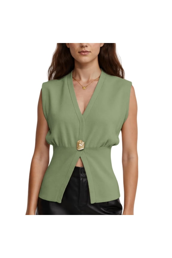 Women's V Neck Vest Top Single Button Sleeveless Summer Knit Vest Pullover Tank Top