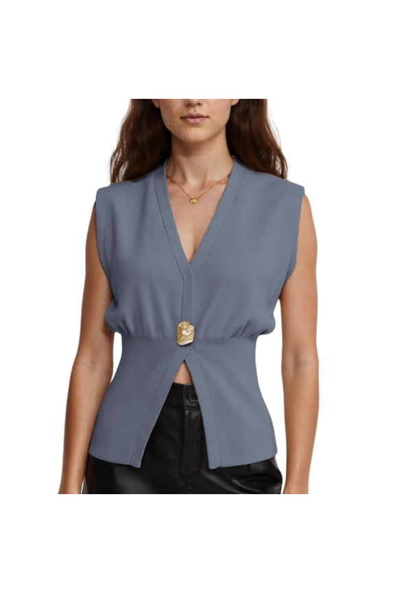 Women's V Neck Vest Top Single Button Sleeveless Summer Knit Vest Pullover Tank Top