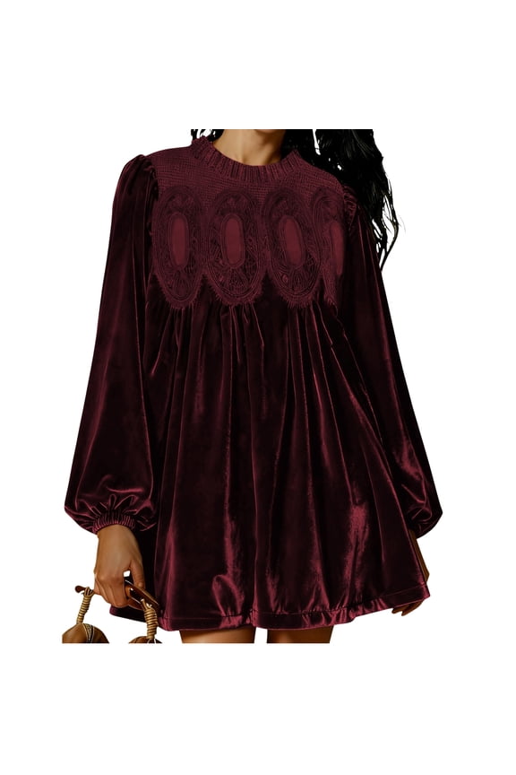 Women's Velvet Lace Trim A-Line Overall Babydoll Mini Dress Long Sleeve Scallop Neck Flared Dress