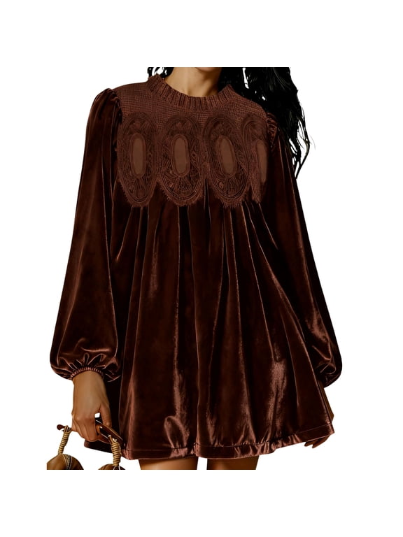 Women's Velvet Lace Trim A-Line Overall Babydoll Mini Dress Long Sleeve Scallop Neck Flared Dress