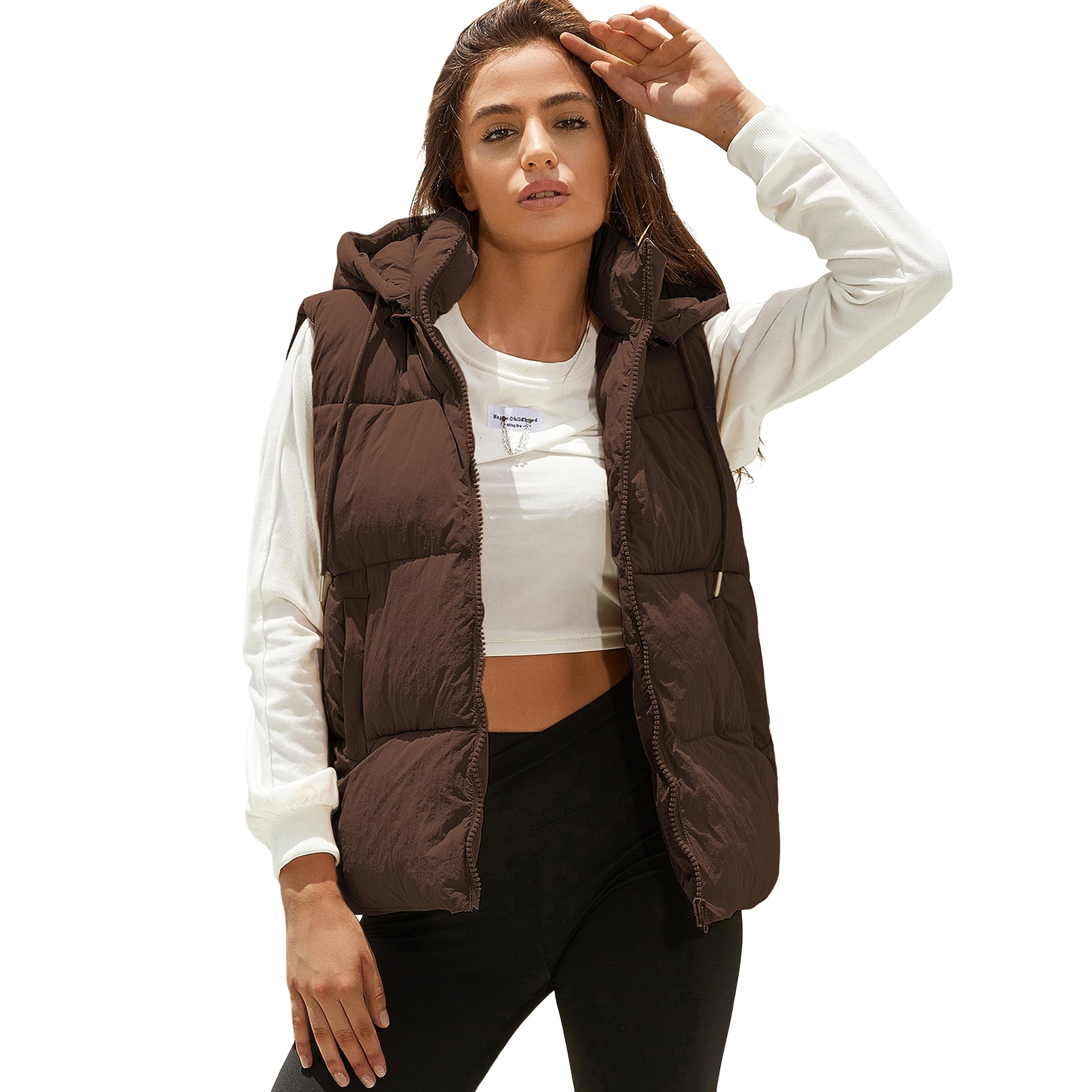PUWEI Long Puffer Vest Women Quilted Hooded Vest Padded Sleevele 並行輸入品