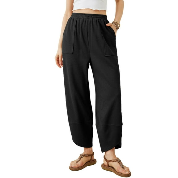 PUWEI Women's Wide Leg Pants Baggy Elastic Waisted Palazzo Harem Trousers with Pockets