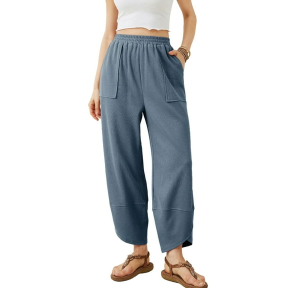 PUWEI Women's Wide Leg Pants Baggy Elastic Waisted Palazzo Harem Trousers with Pockets