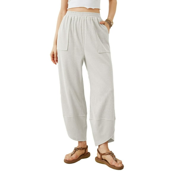 PUWEI Women's Wide Leg Pants Baggy Elastic Waisted Palazzo Harem Trousers with Pockets