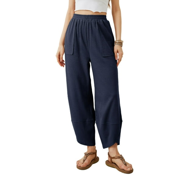 PUWEI Women's Wide Leg Pants Baggy Elastic Waisted Palazzo Harem Trousers with Pockets