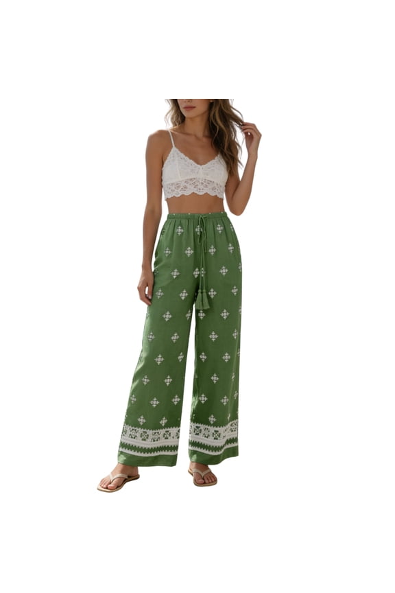 PUWEI Women's Wide Leg Pants Drawstring Elastic Waist Flowy Boho Floral Trousers Summer Beach Vacation Clothes