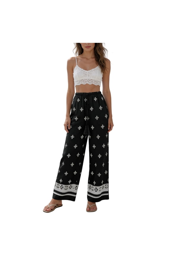 PUWEI Women's Wide Leg Pants Drawstring Elastic Waist Flowy Boho Floral Trousers Summer Beach Vacation Clothes
