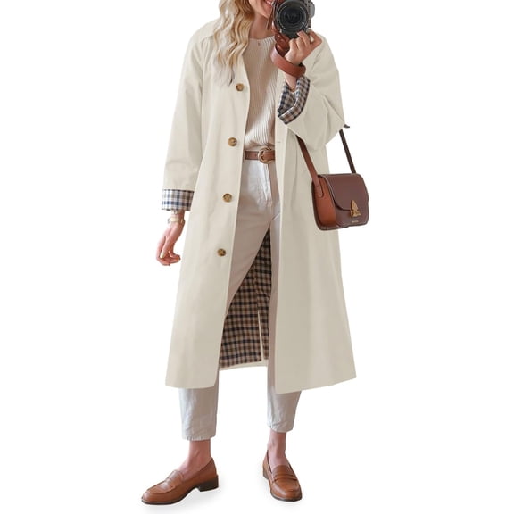 PUWEI Womens Classic Casual Long Trench Coat Plaid Lining Lapel Single-Breasted Outerwear Jacket with Pockets