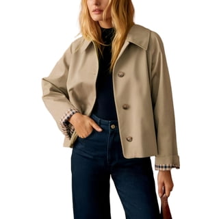 PUWEI Womens Short Trench Coat Plaid Lining Lapel Classic Casual Single Breasted Jacket Outerwear with Pockets