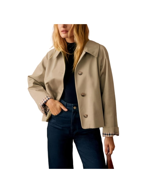 Womens Short Trench Coat Plaid Lining Lapel Classic Casual Single Breasted Jacket Outerwear with Pockets