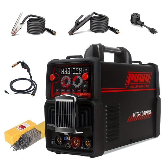 PUWU Gas Gasless 160A Multiprocess MIG Welder, Flux Cored/MIG/Lift TIG/Stick ARC Welder 4 In 1 Welding Machine With IGBT Inverter LED Digital Display, Thermal ProtectionFree 10LB Welding Rods