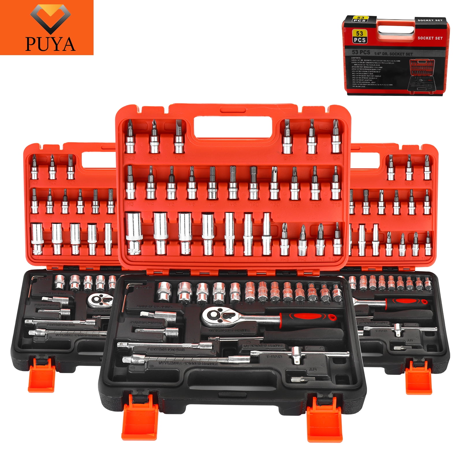 PUYA 53pcs High Quality Car Repair Tool Kit, Ratchet Torque Wrench, Screwdriver, Bit Socket Set Metric, and Extension Bar, Suitable for Repairing Auto, Bicycles, Motorcycles, and Household Use