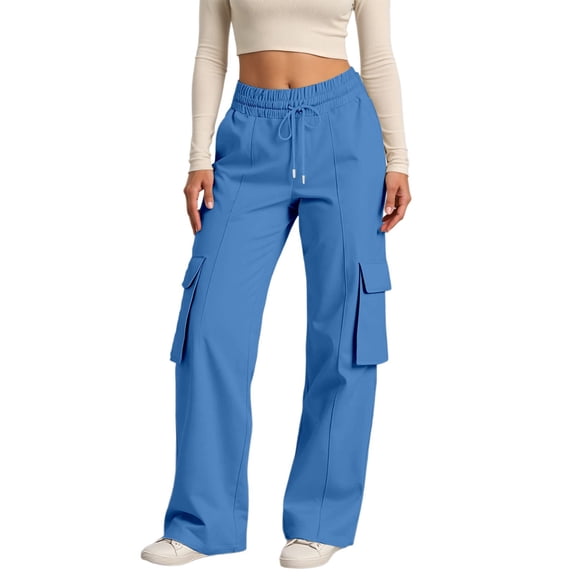 Tiweut Casual Cargo Pants Women High Waist Loose Fit Elastic Waistband Drawstring Utility Wide Leg Comfortable Pockets Regular Trousers Blue,M