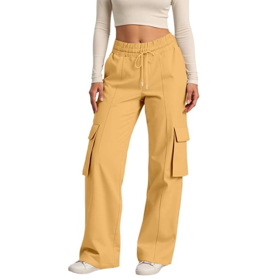 Tiweut Casual Cargo Pants Women High Waist Loose Fit Elastic Waistband Drawstring Utility Wide Leg Comfortable Pockets Regular Trousers Yellow,XL