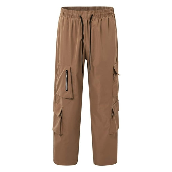Tiweut Casual Mens Cargo Pants Long Wide Leg Elastic Waisted Loose Fit with Pockets Man Trousers Khaki,2XL