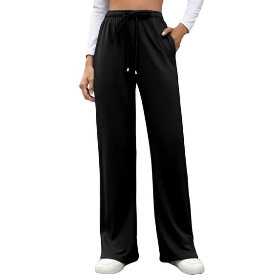 Tiweut Casual Pants Women Elastic Waist Straight Wide Leg Long Comfortable Loose Fit Solid Color Sportswear Daily Wear with Pockets Regular Trousers Black,M