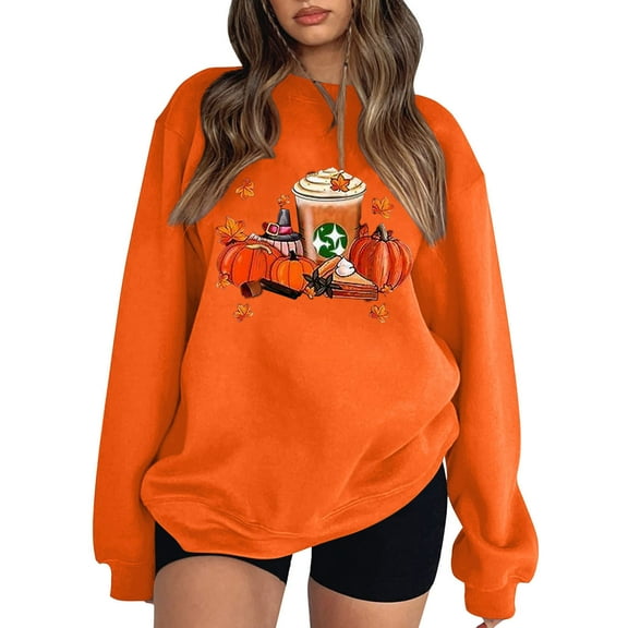 PUYAHG Casual Sweatshirts for Women Cute Halloween Long Sleeve Crewneck Pumpkin Maple Leaf Print Sweater Fall Winter Loose Fit Pullover Tops Orange,XL