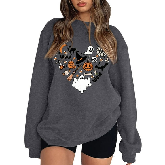 PUYAHG Casual Sweatshirts for Women Cute Halloween Long Sleeve Crewneck Pumpkin Maple Leaf Print Sweater Fall Winter Loose Fit Pullover Tops,Z1 Grey,XL