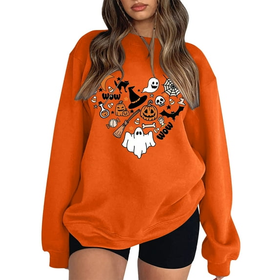 PUYAHG Casual Sweatshirts for Women Cute Halloween Long Sleeve Crewneck Pumpkin Maple Leaf Print Sweater Fall Winter Loose Fit Pullover Tops,Z1 Orange,L