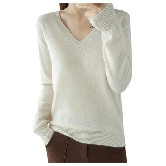 PUYAHG Casual T Shirts Top Womens Solid Color Long Sleeve V Neck Knit Sweater Wool Pullover Sweater Base Blouses for Ladies Beige,L
