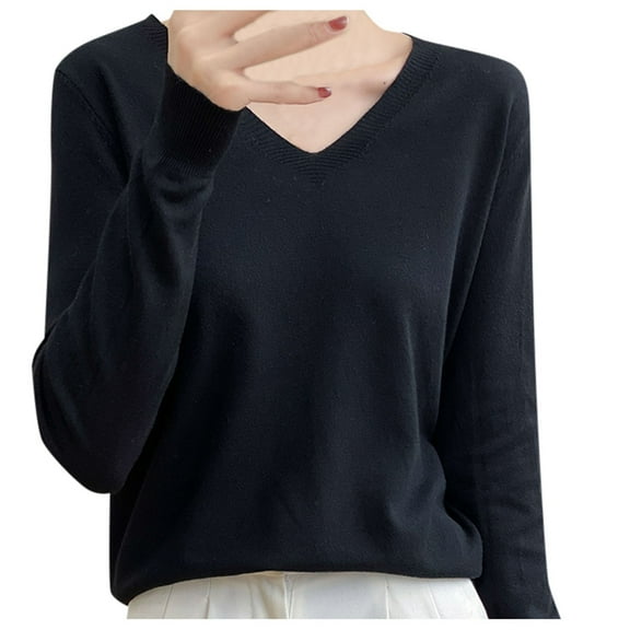 PUYAHG Casual T Shirts Top Womens Solid Color Long Sleeve V Neck Knit Sweater Wool Pullover Sweater Base Blouses for Ladies Black,2XL