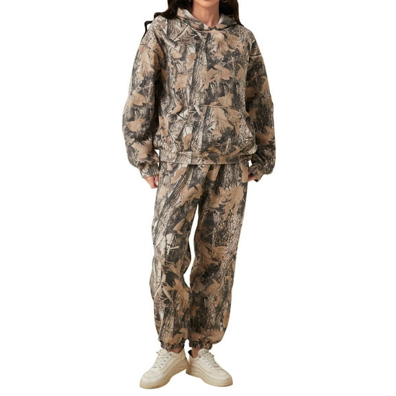 PUYAHG Hoodies for Women 2 Piece Camo Maple Leaf Print Long Sleeve Tops Sweatshirt and Sweatpant Set Regular Ladies Blouses Dark Gray,2XL
