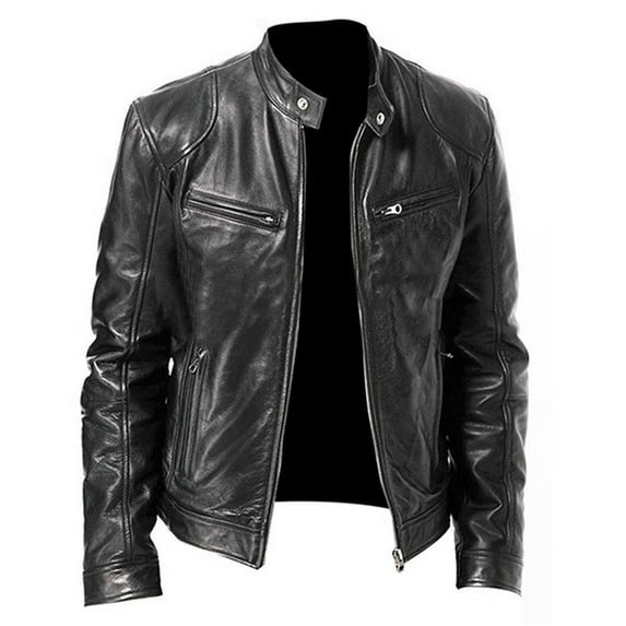 PUYAHG Jackets For Men Leather Jacket Men Vintage Cool Jacket Leather Long Sleeve Stand Collar Club Coat Mens Winter Coats Black,2XL