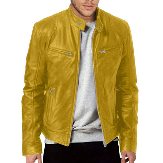 PUYAHG Jackets For Men Leather Jacket Men Vintage Cool Jacket Leather Long Sleeve Stand Collar Club Coat Mens Winter Coats Yellow,5XL