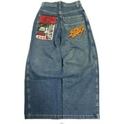 PUYAHG Leisure Jeans Mens Mens Washed Y2K Denim Pants Graphic Embroidered Long Wide Leg High Waist Loose Fit Streetwear Trousers for Man Light Blue,L